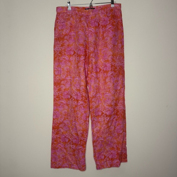 ZARA Full Length Linen Blend Floral Pink Beachy Boho Pants in Geranium Print - Picture 2 of 10